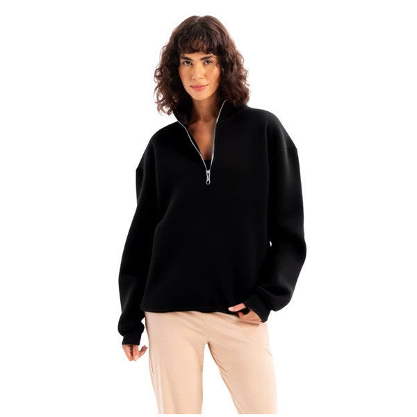 Justever Oversize Fit Stand Collar Half Zipper Black Women's Sweatshirt - Cass