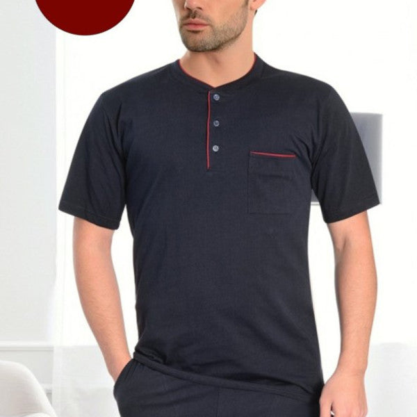 Men's Short Sleeve 3-Piece Pajama Set Claret Red