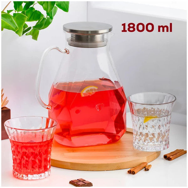 Porsima 15321 Borosilicate Glass Pitcher Metal Lid Glass Carafe - Detox Pitcher 1800 Ml