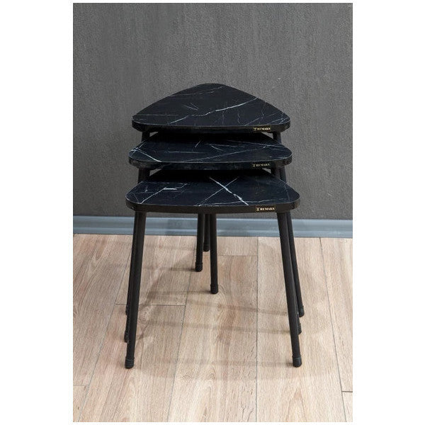 Remaks Triangular Metal Leg 3-Piece Nesting Table Tea Table Service Table - Black Marble / Black Marble