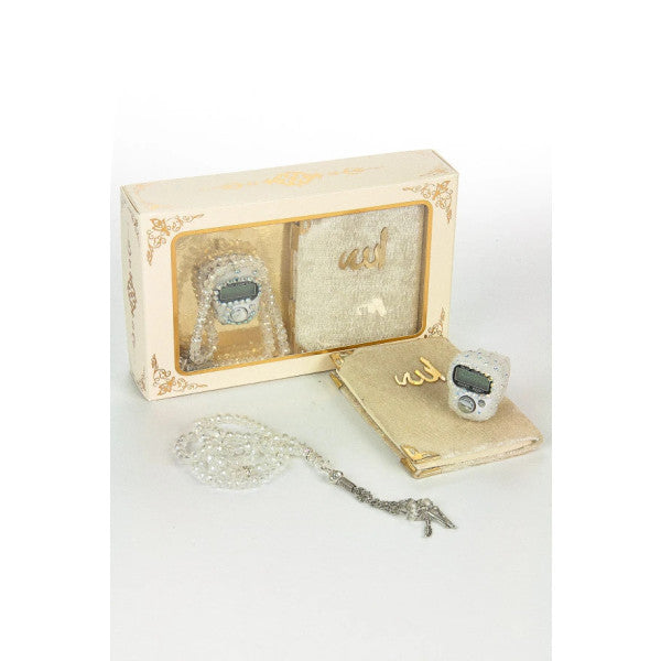 Stone Chanting - Mini Velvet Yasin - Gift Set With Pearl Prayer Beads - Cream Color
