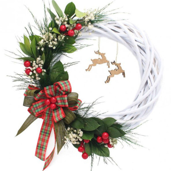 New Year's Door Decoration White Wreath 35cm with Ribbons and Greenery