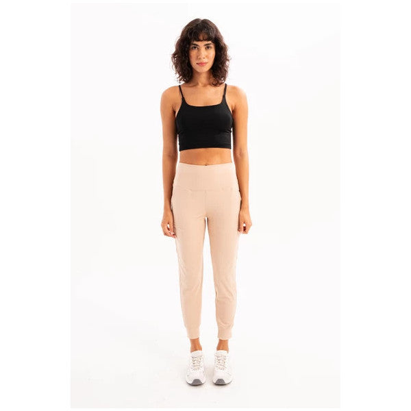 Justever High Waist Elastic Pocket Relaxed Cut Slimming Jogger Beige Women's Sweatpants - Beat