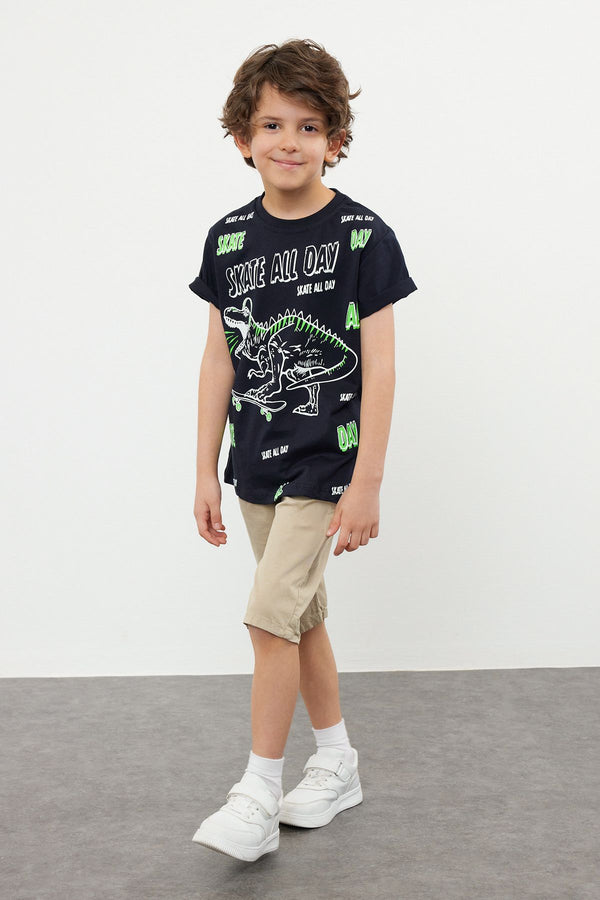 Trendyolkıds Boys Dark Blue Print Short Regular Fit T-Shirts