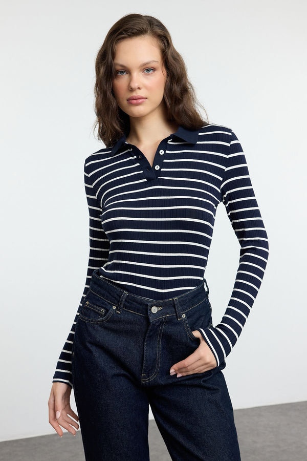 Trendyolmilla Women's Navy Blue Striped Long Slim Blouse