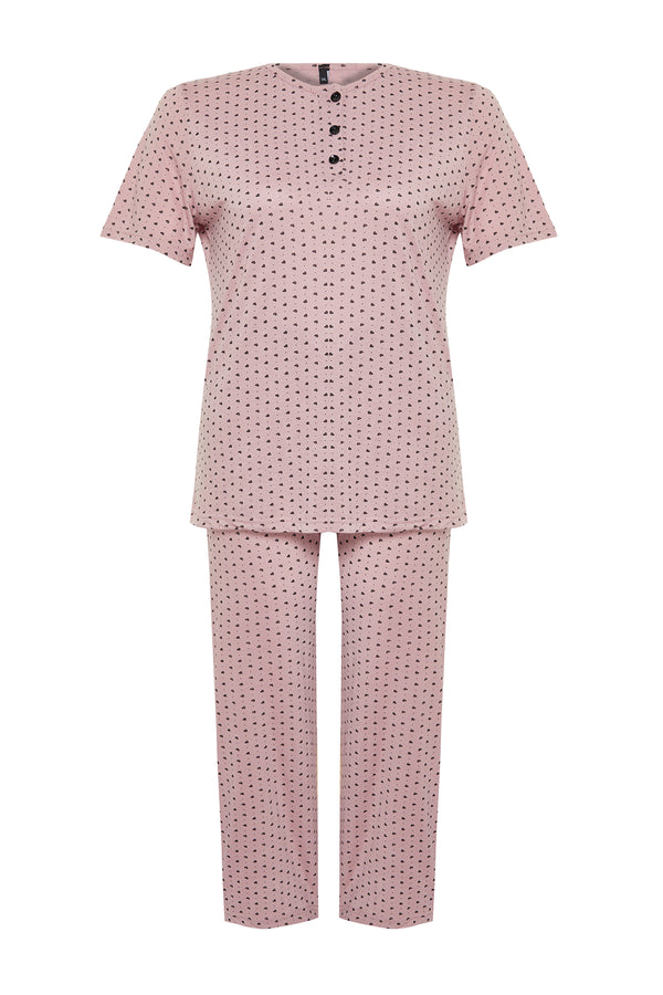 Trendyol Curve Women's Pink Pünktchen Short Fitted Plus Size Pajamas Set