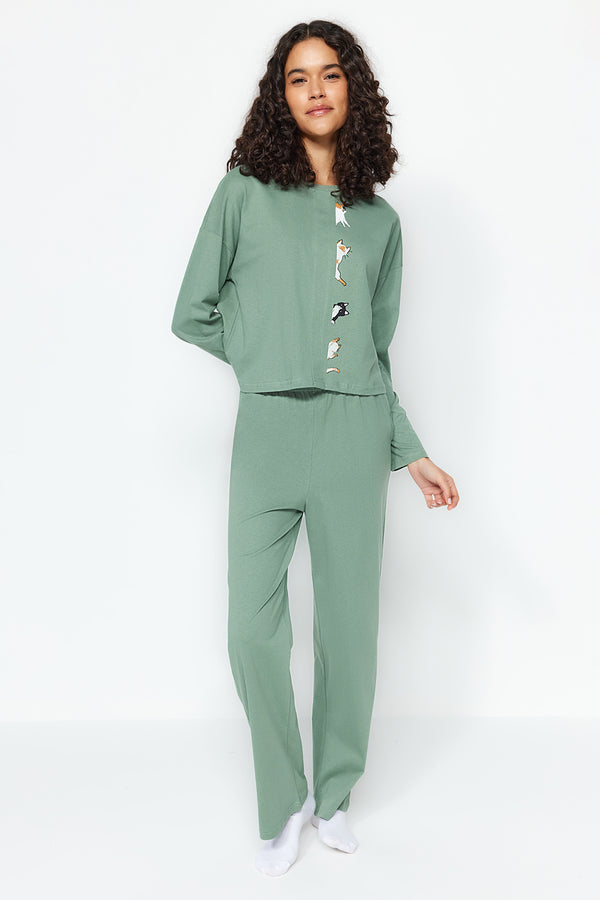 Trendyolmilla Women's Green Animal Long Sleeve Lounge/home Regular Pajama Set
