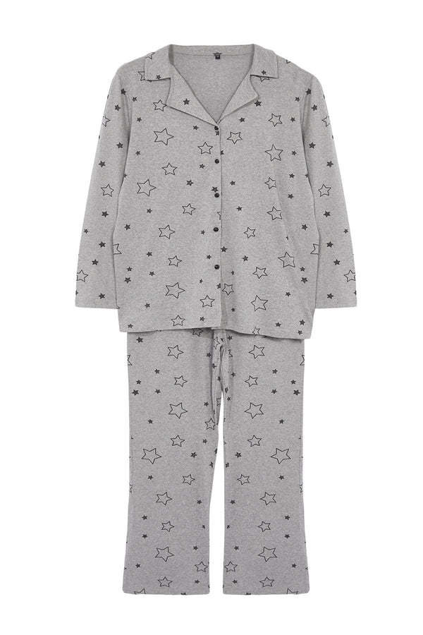 Trendyol Curve Women's Grey Geometric Long Regular Plus Size Pajama Set