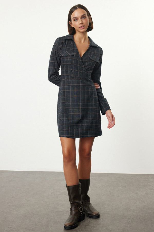 Trendyolmilla Women's Grey Plaid / Checkered Mini Long Casual/daily Regular Dress