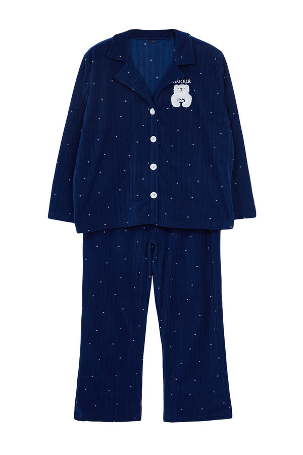 Trendyol Curve Women's 2 Pack Dark Blue Spotted Long Regular Fit Plus Size Pajamas Set