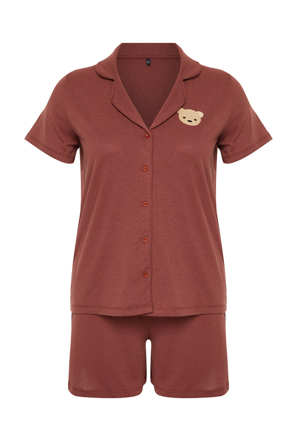 Trendyol Curve Women's Brown Embroidered / Embroidered Short Regular Plus Size Pajama Set