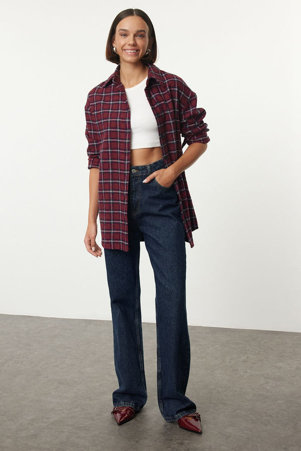 Trendyolmilla Women's Burgundy Plaid / Checkered Long Oversized Shirt