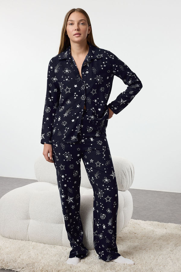 Trendyolmilla Women's Navy Blue Galaxy Long Lounge/home Regular Pajama Set