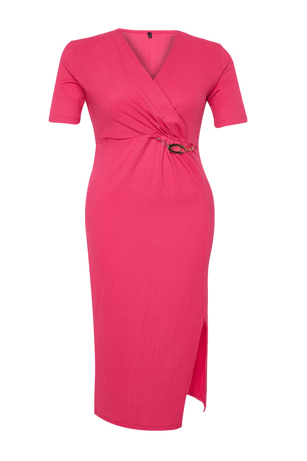 Trendyol Curve Women's Pink Plain Midi Long Business Fitted Plus Size Dress