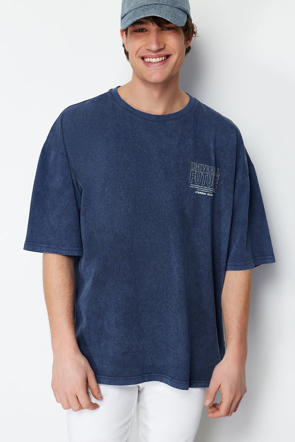 Trendyol Man Men's Navy Blue Printed Short Oversize T-Shirt