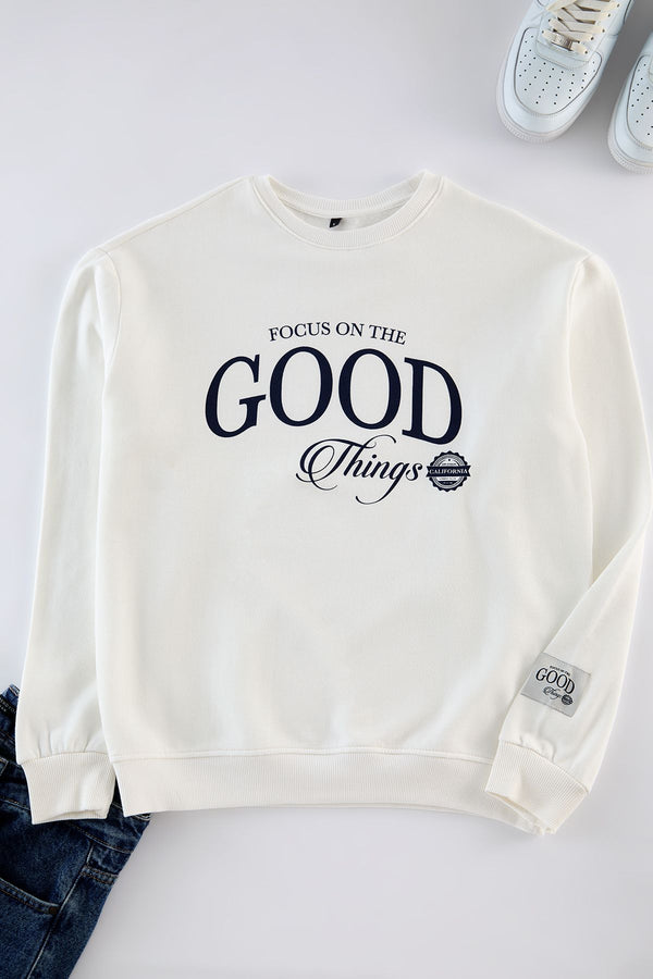 Trendyol Man Men's Ecru Slogan Long Oversized Sweatshirt