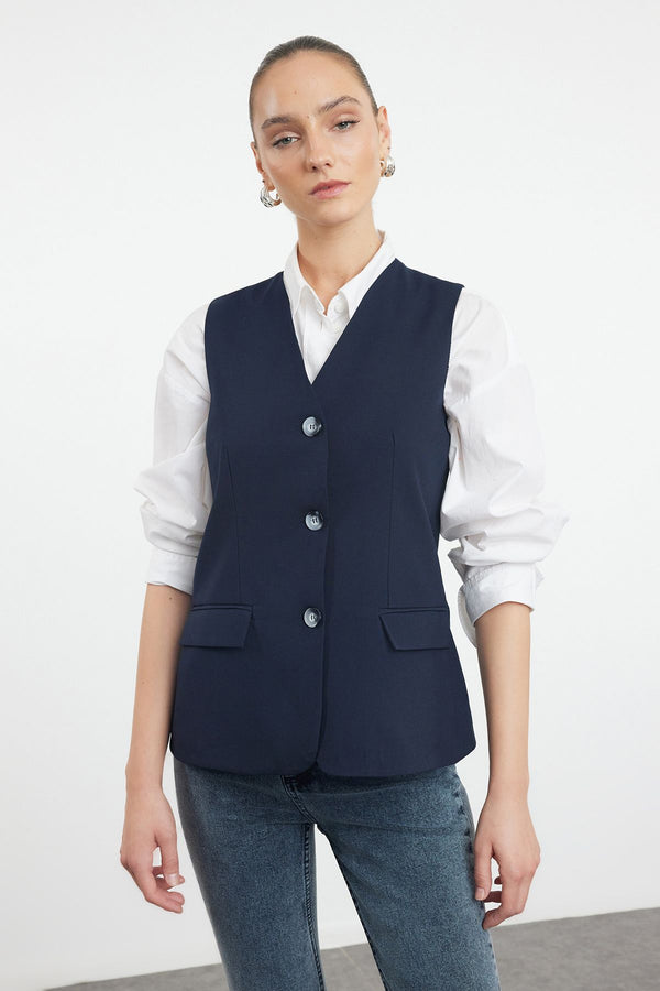 Trendyolmilla Women's Navy Blue Straight Regular Waistcoat