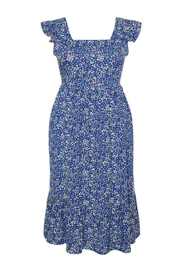 Trendyol Curve Women's Dark Blue Floral Midi Strapless Casual Fitted Plus Size Dresses