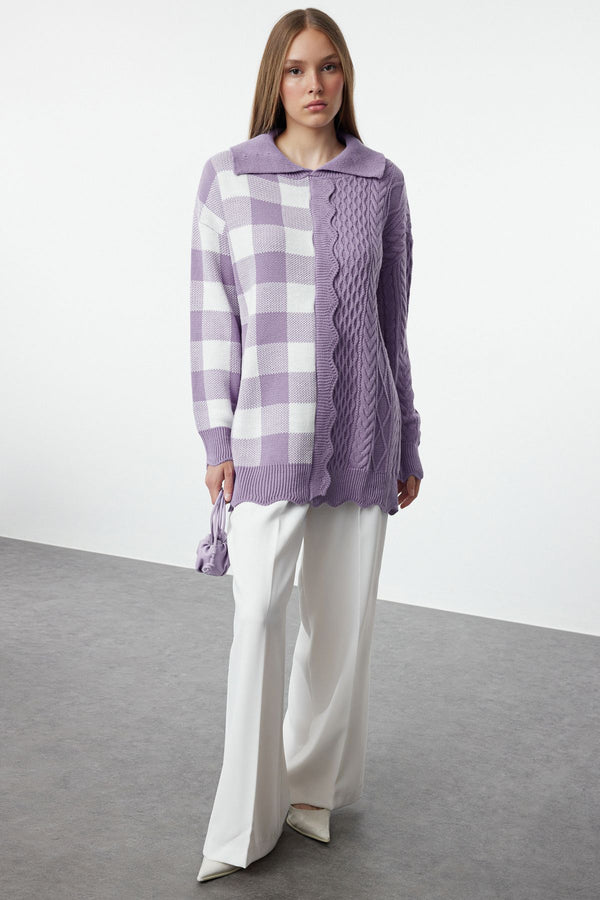 Trendyol Modest Women's Purple Plaid / Check Long Relaxed Hijab Sweater