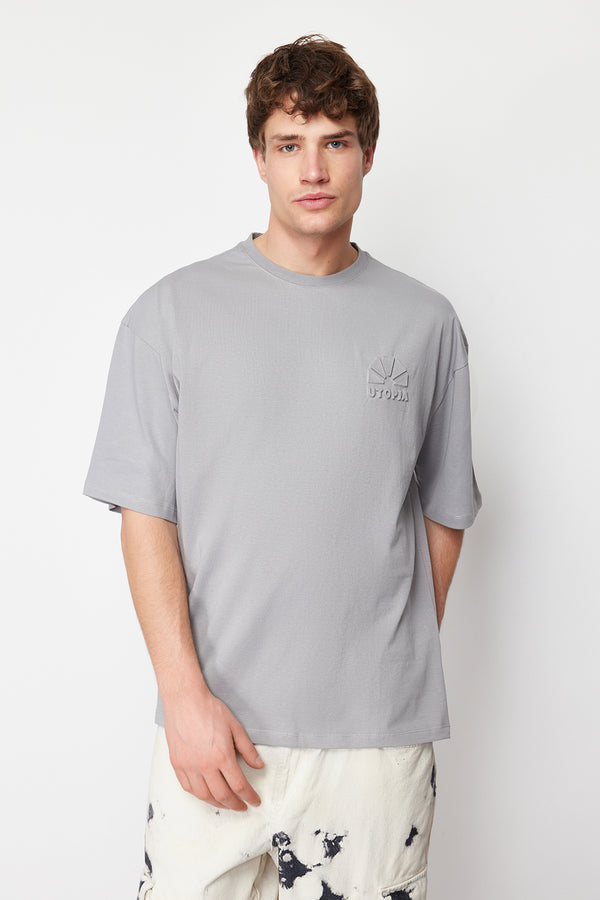 Trendyol Man Men's Gray Motto Short Oversize T-Shirt