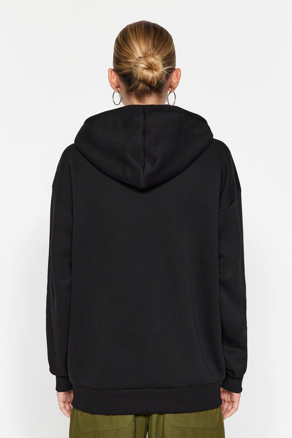 Black Thick Fleece Inside, Pocket Detailed Hooded Regular/regular Knitted Sweatshirt Twoaw24Sw00075.