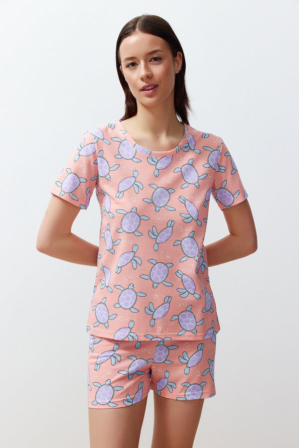 Trendyolmilla Women's Pink Animal Patterned Short Lounge/home Regular Pajama Set