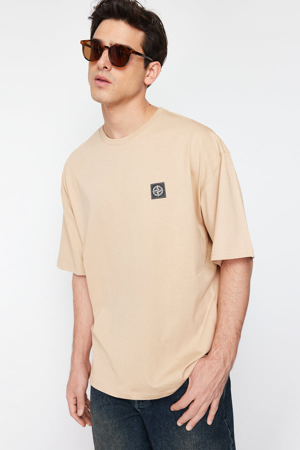 Trendyol Man Men's Beige Motto Short Oversize T-Shirt