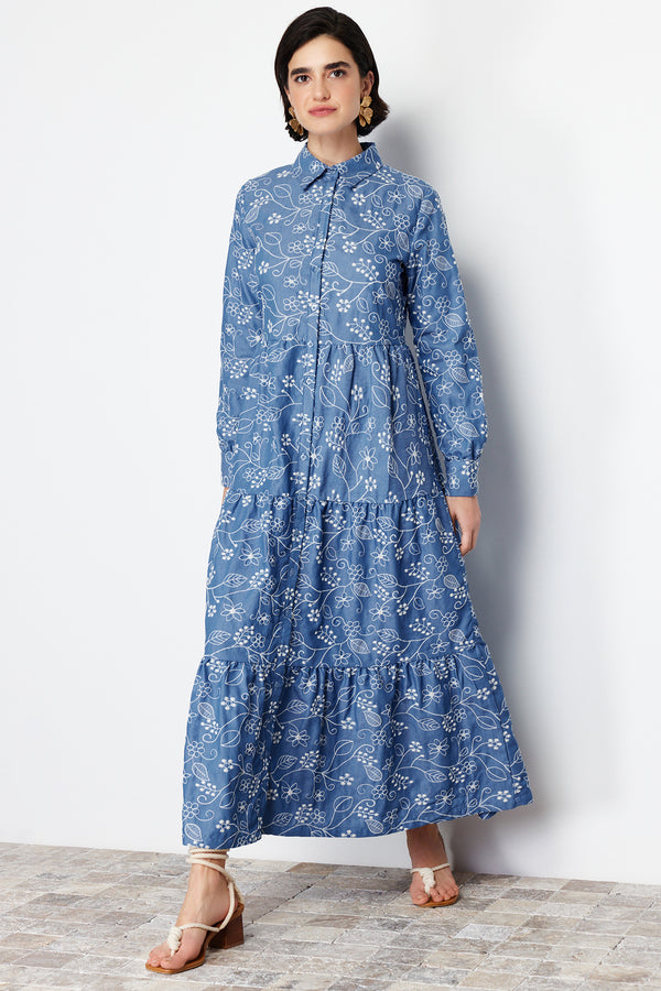 Trendyol Modest Women's Navy Blue Printed Maxi Long Casual Regular Dress