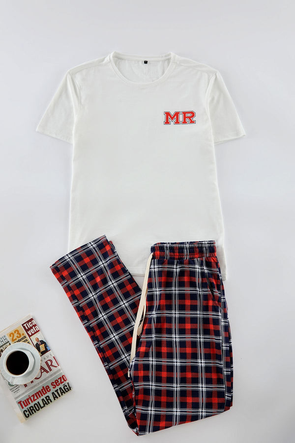 Trendyol Man Men's Ecru Plaid / Checkered Short Homewear Regular Pajama Set