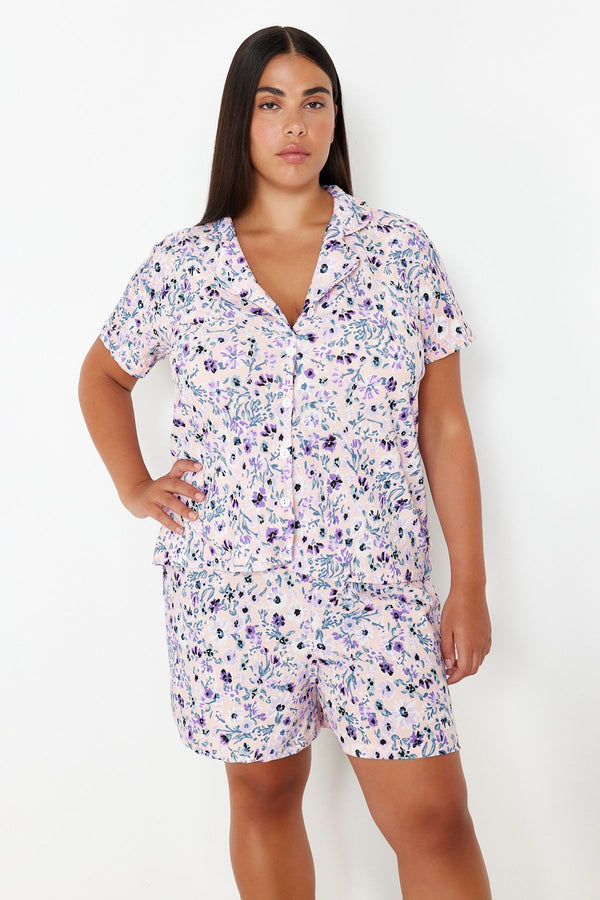 Trendyol Curve Women's Pink Floral Short Regular Fit Plus Size Pajamas Set