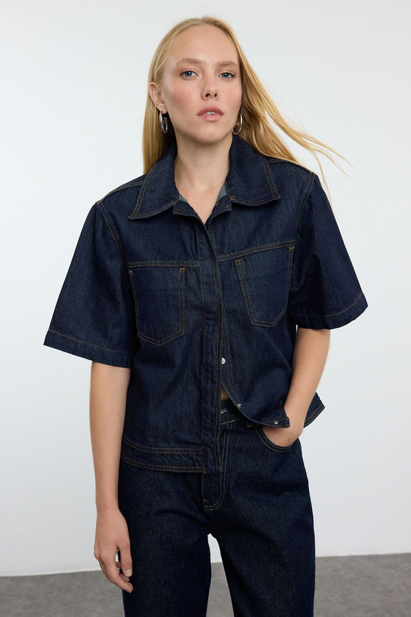 Trendyolmilla Women's Navy Blue Straight Short Oversized Shirt