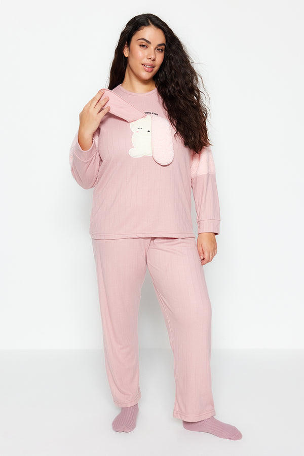 Trendyol Curve Women's Pınk Plain Long Sleeve Fitted Plus Size Pajama Set