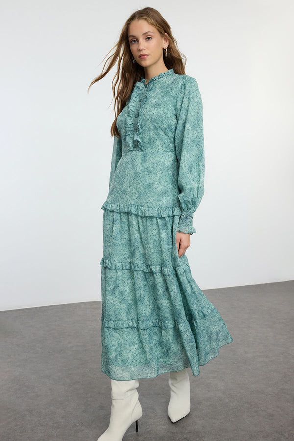 Trendyol Modest Women's Green Flowering Long Long Day And Night Oversized Hijab Dress