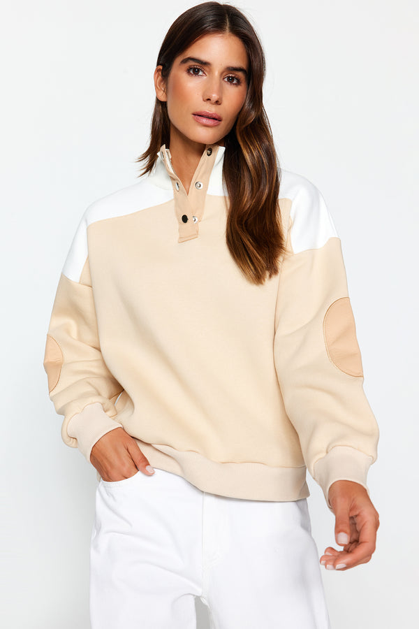 Trendyolmilla Women's Ecru Color Block Long Sleeve Regular Sweatshirt