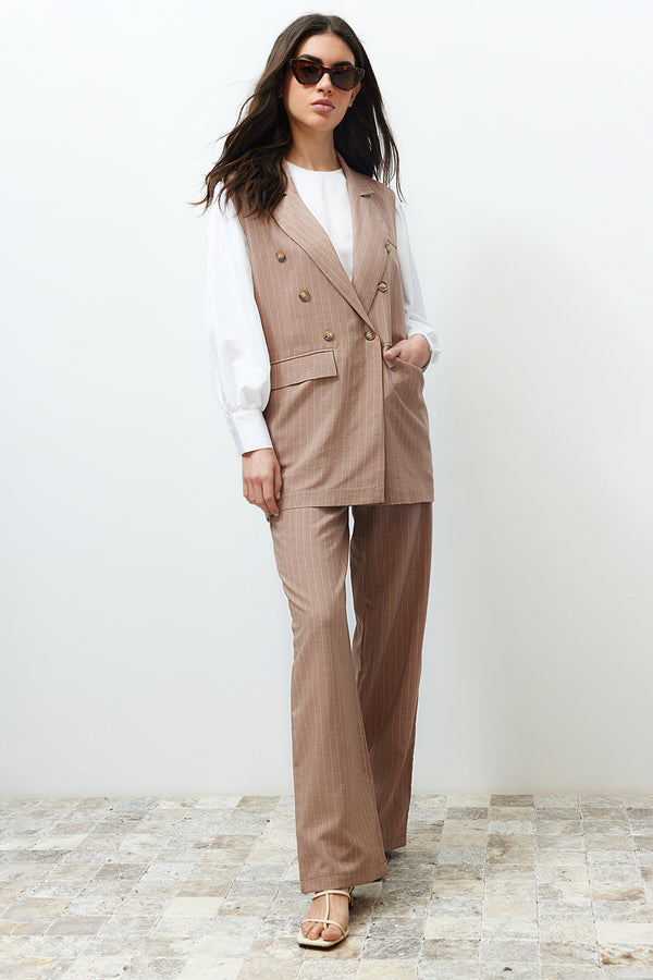 Trendyol Modest Women's Brown Striped Sleeveless Business Regular Two-Piece Set