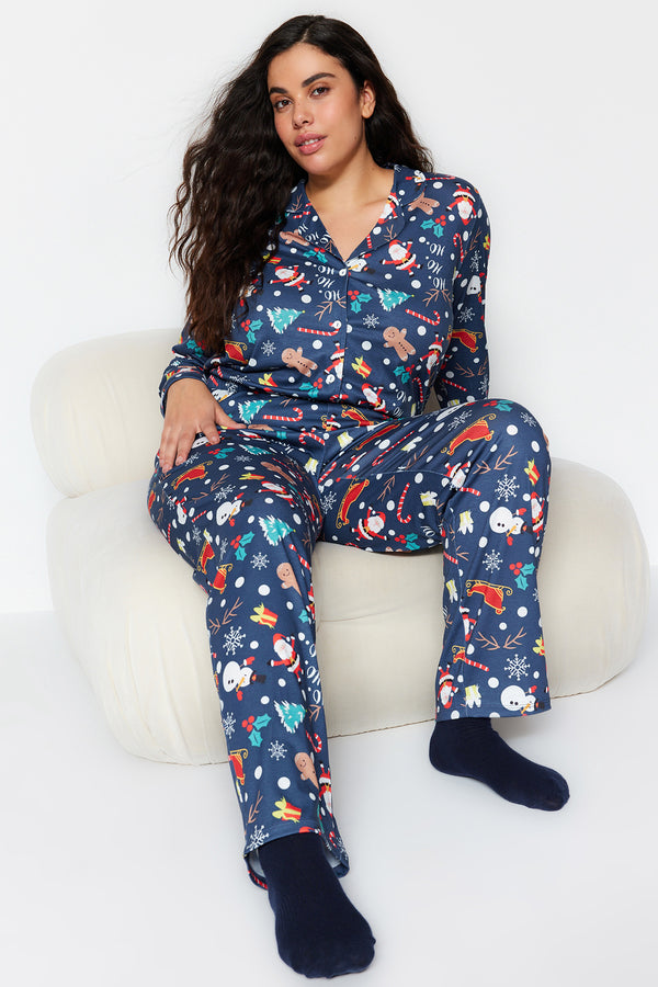 Trendyol Curve Women's Christmas Long Sleeve Fitted Plus Size Pajama Set
