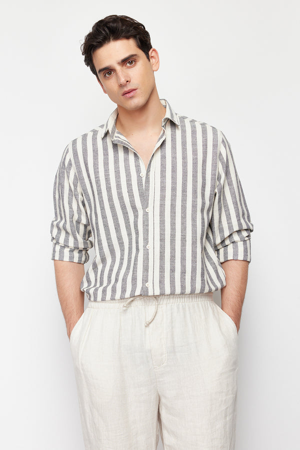 Trendyol Man Men's Gray Striped Long Regular Shirt