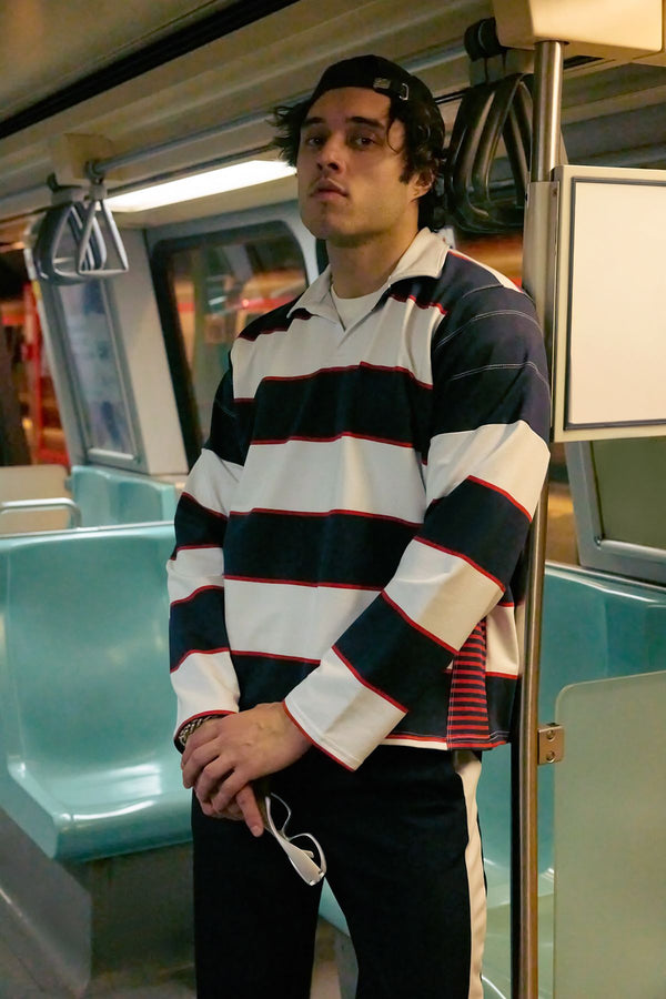 Man Men's Navy Blue Striped Long Oversized Sweatshirt