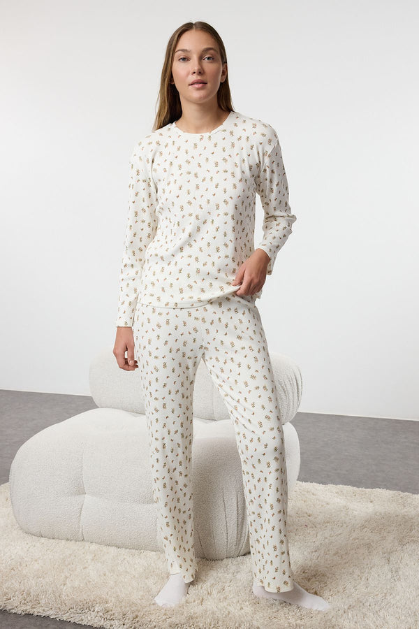 Trendyolmilla Women's Ecru Flowering Long Lounge/home Regular Pajama Set