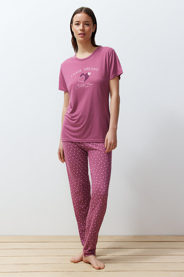 Trendyolmilla Women's Pink Heart Short Lounge/home Regular Pajama Set