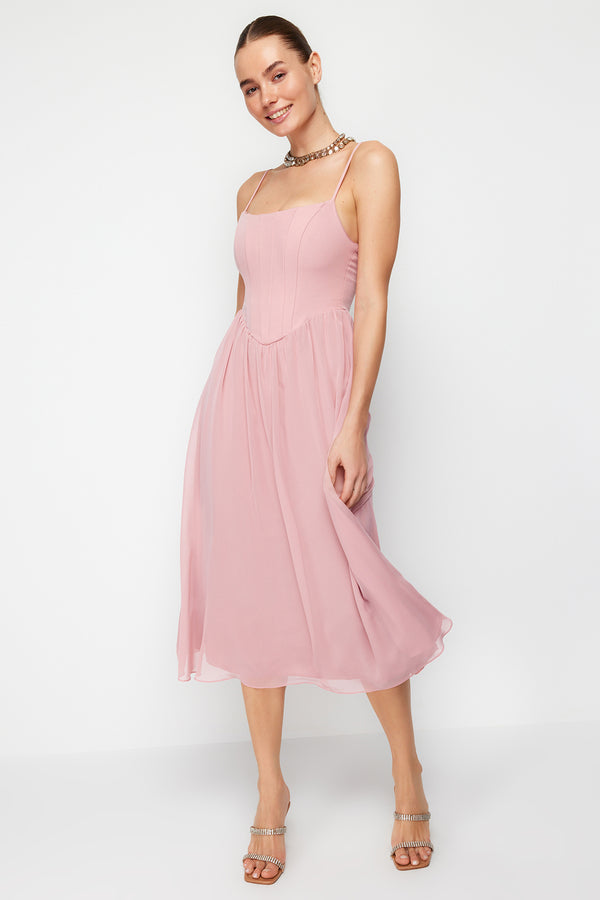 Trendyolmilla Women's Pink Plain Midi Suspended Cocktail Fitted Dress