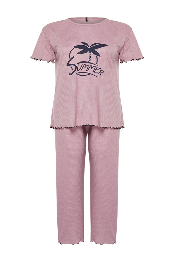 Trendyol Curve Women's Pink Print Short Regular Fit Plus Size Pajamas Set