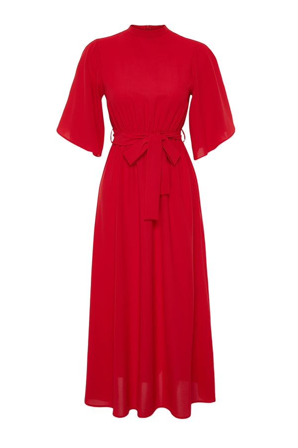 Trendyol Mütevazı Kadın Kırmızı Düz ​​Maxi Uzun Kollu Şık / Gece Normal Gece Elbise