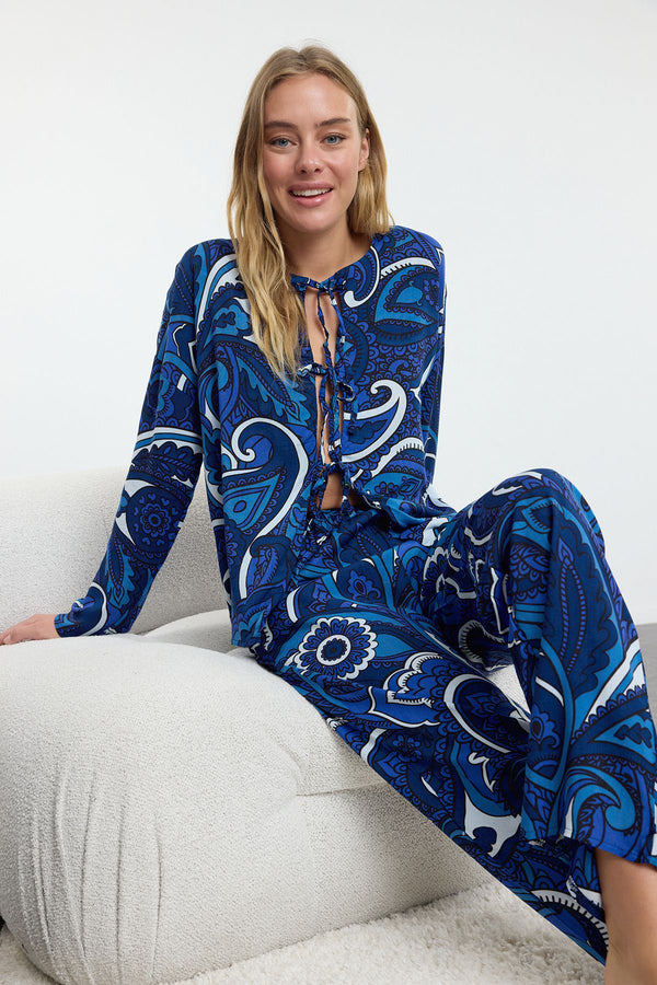 Trendyolmilla Women's Navy Blue Ethnic Long Lounge/home Regular Pajama Set