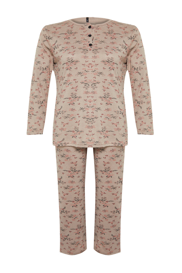 Trendyol Curve Women's Beige Floral Long Fitted Plus Size Pajamas Set