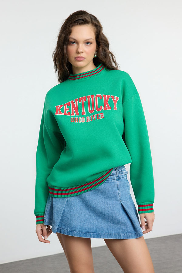 Trendyolmilla Women's Green Slogan Long Plenty Sweatshirt