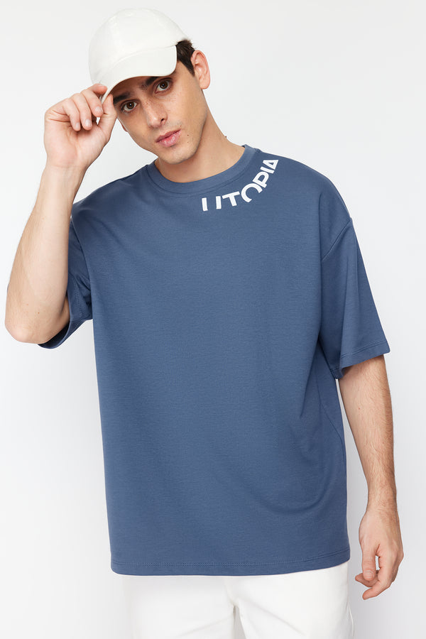 Trendyol Man Men's Navy Blue Motto Short Oversize T-Shirt