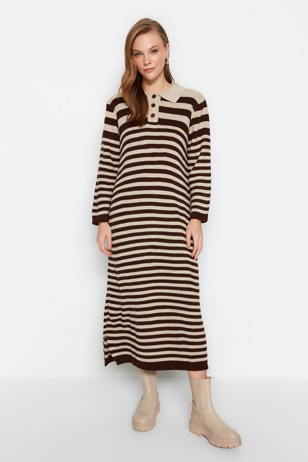 Trendyol Modest Polo Neck Striped Knitwear Dress Tctaw24Eb00026