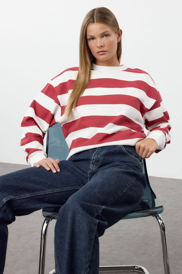 Trendyolmilla Women's Burgundy Striped Long Regular Sweatshirt