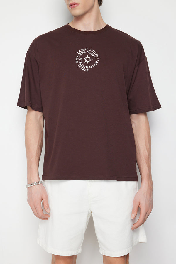 Trendyol Man Men's Brown Motto Short Oversize T-Shirt